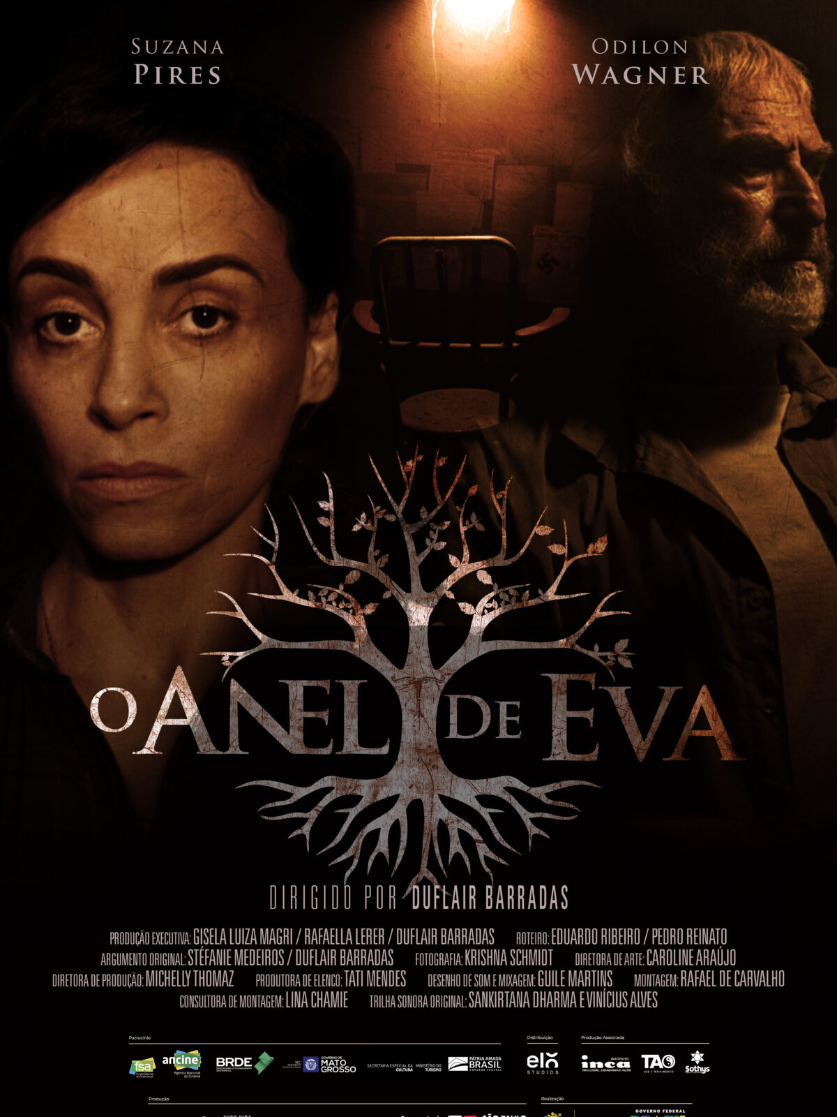 Poster de divulgação do filme O Anel de Eva, com a atriz Suzana Pires e o ator Odilon Wagner em um ambiente escuro, com o texto 13 de Junho nos cinemas.